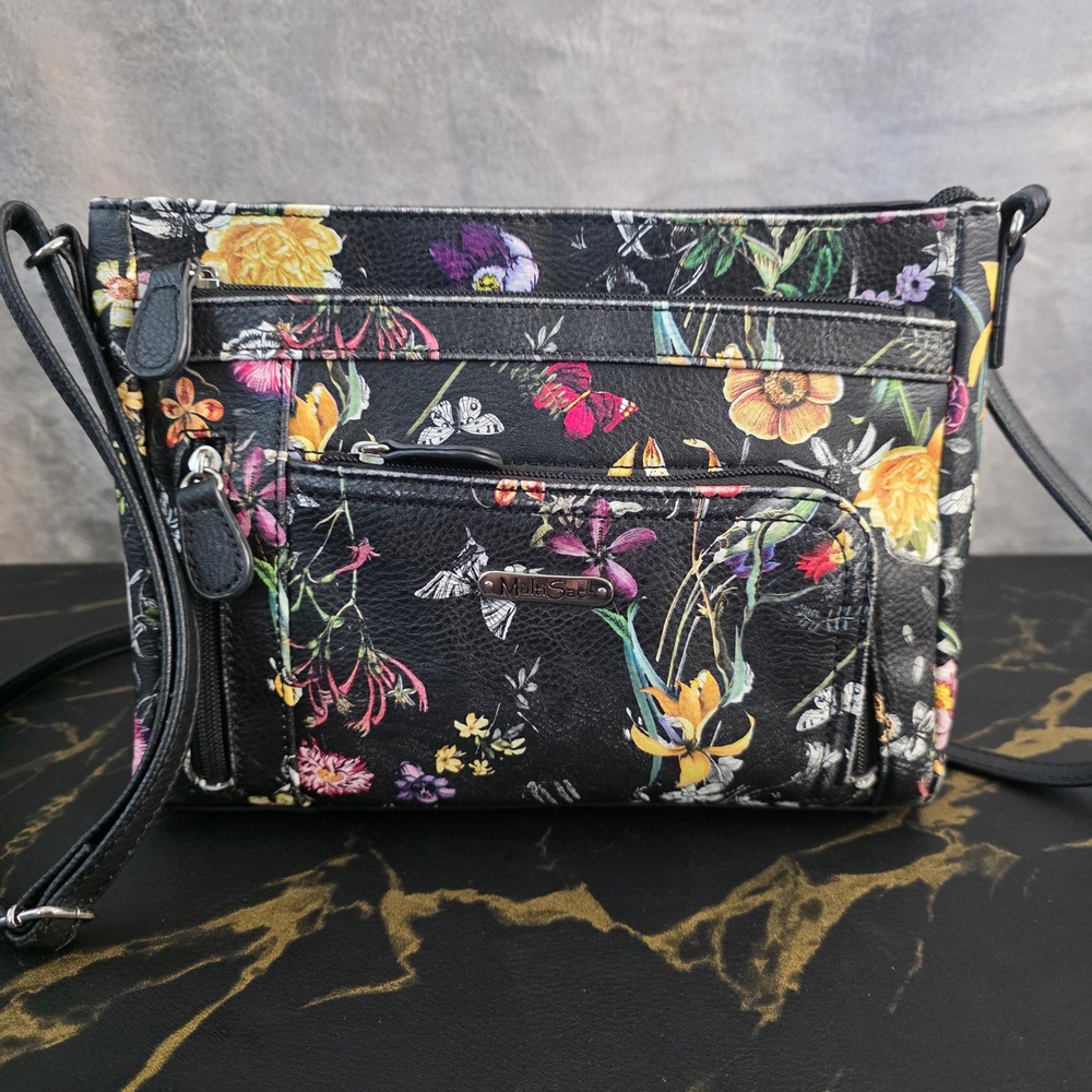 MultiSac Floral Butterfly Black Crossbody Bag Multi Pocket Vegan Leather Purse